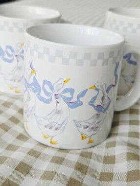 Vintage Set Of 3 Goose, Blue Ribbon, And Checkered Pattern Ceramic Mugs